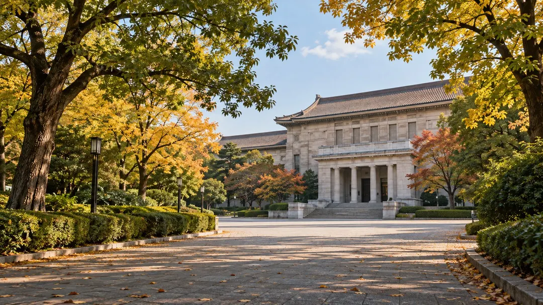 生成AIイメージ画像: 上野で博物館を1日1館巡る秋の旅。木々と博物館風の建築を表現した生成AIイメージ画像。実際の建物・入口・園路や紅葉時期を示す記録写真ではありません