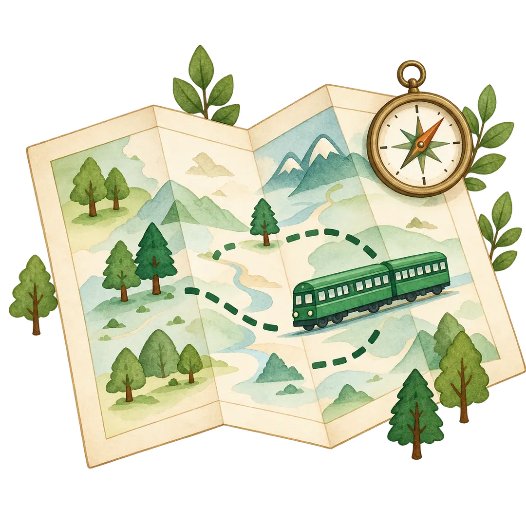 折りたたんだ地図と緑の列車、方位磁石のイラスト（生成AIイメージ画像）