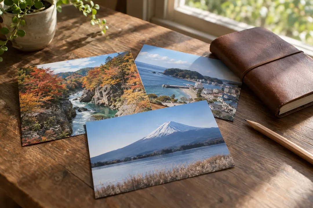 木のテーブルに並んだ日本の風景の絵はがきと旅のメモ帳(生成AIイメージ画像)