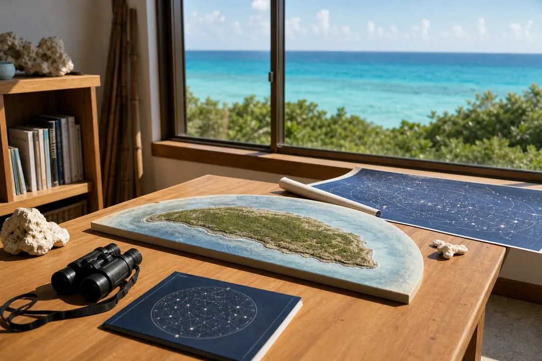 与論島の地形と星空を学ぶ展示空間の雰囲気を表した生成AIイメージ画像