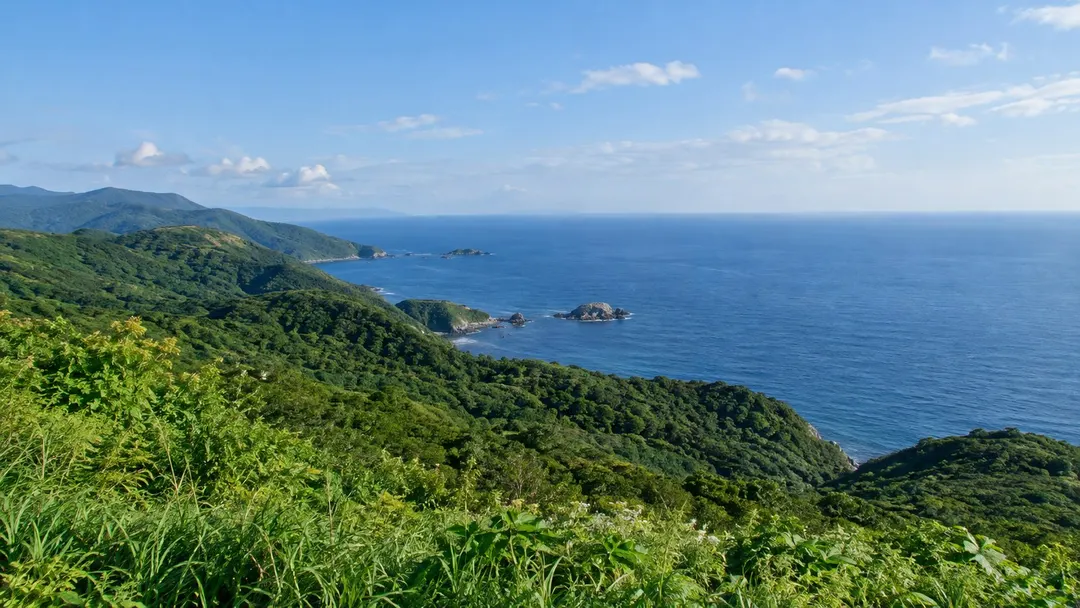 奥尻島の山から日本海を望む旅を表現した生成AIイメージ画像