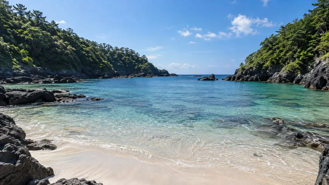 式根島 中の浦海水浴場の雰囲気を伝える生成AIイメージ画像。実際の景観・施設外観ではありません。