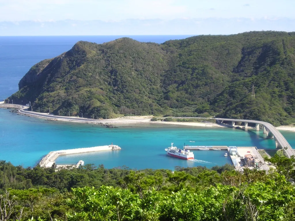阿嘉島の高所から阿嘉港、阿嘉大橋、慶留間島を見渡した実写写真