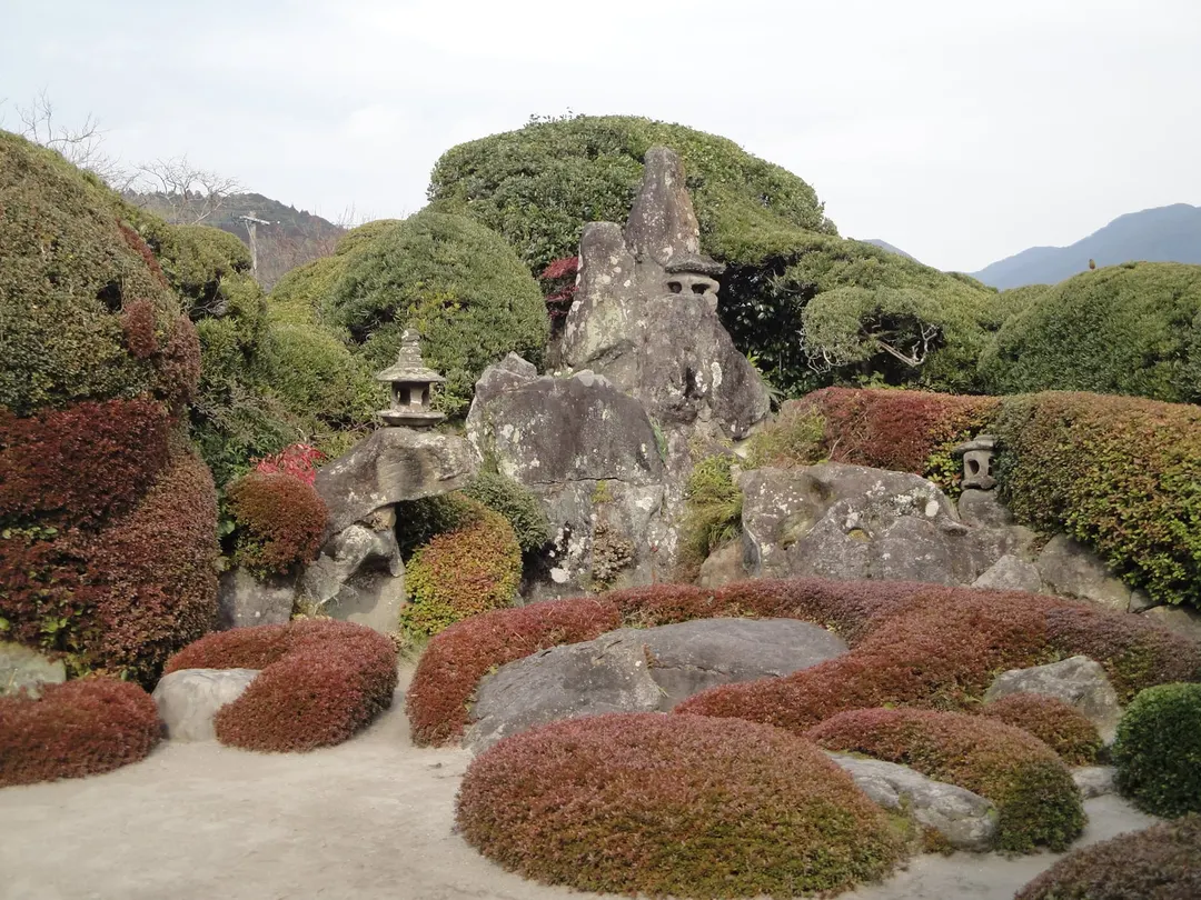 知覧の庭園に配された石と刈り込まれた植栽(2011年2月撮影)