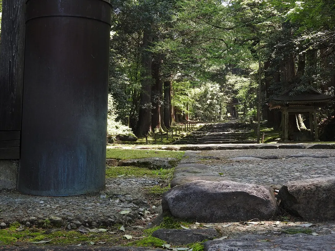 平泉寺白山神社の拝殿と苔の境内を写した実写写真