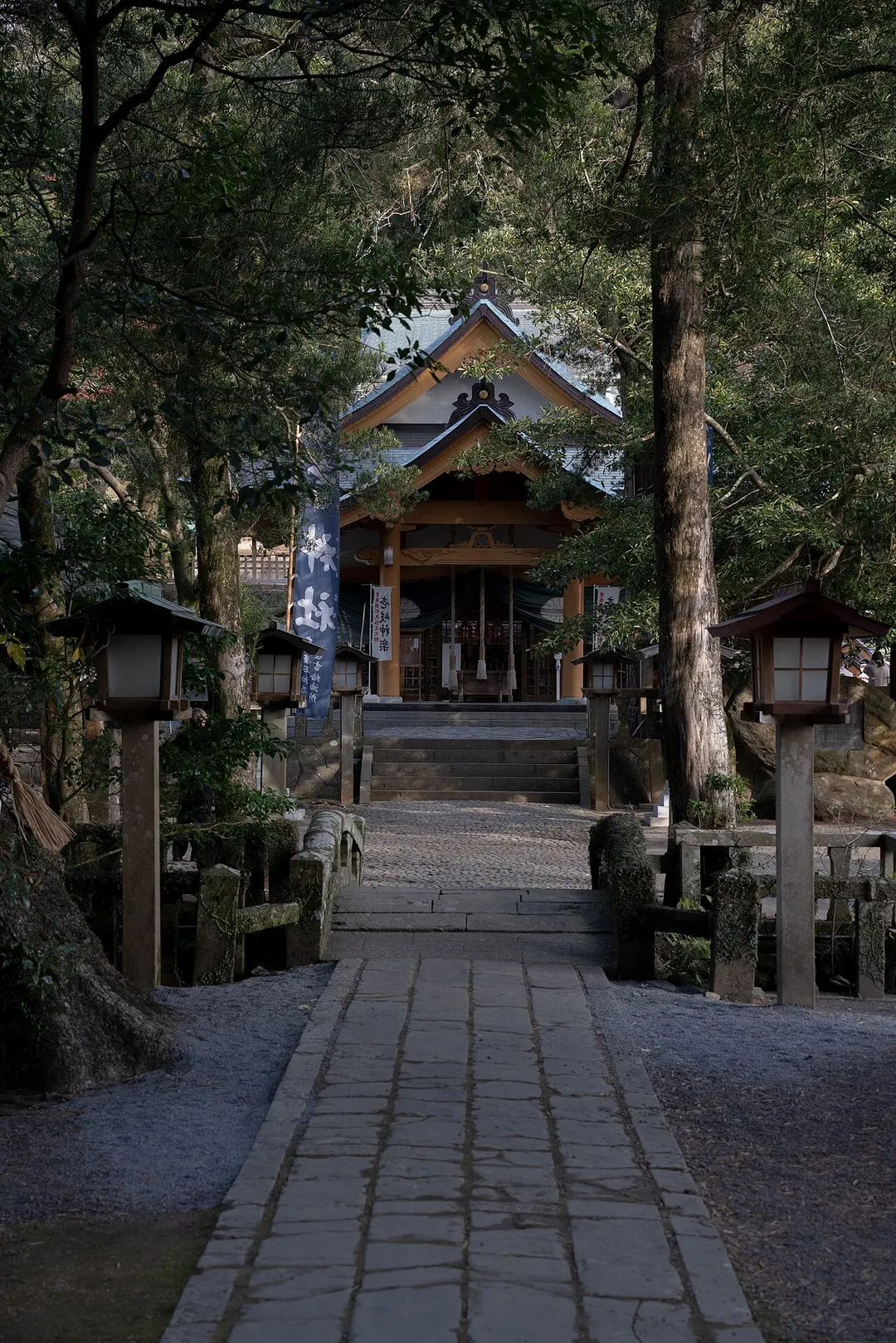 壱岐の住吉神社で木立の参道から社殿を望む実写写真