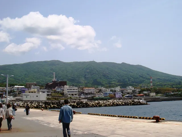 元町港側から見た伊豆大島北西岸と集落の位置関係が分かる実写写真