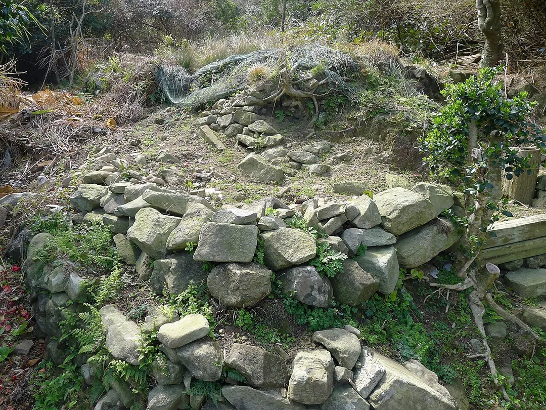 頭ヶ島・白浜地区で崩れかけた五島石の畑垣を写した実写写真