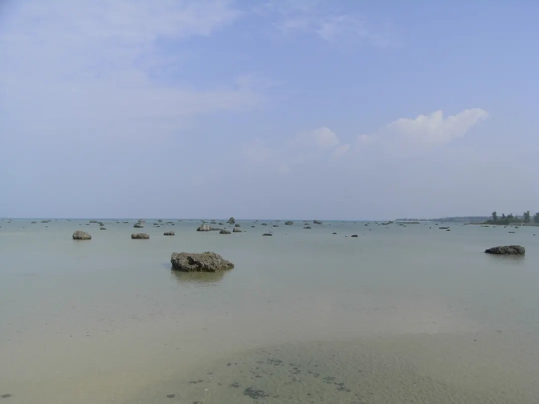 佐和田の浜の浅い海面に大小の巨岩が点在する様子を写した実写写真