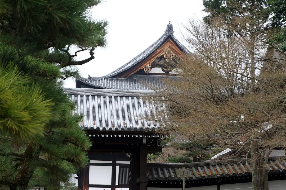 東福寺本坊庭園の石庭と方丈を写した実写写真