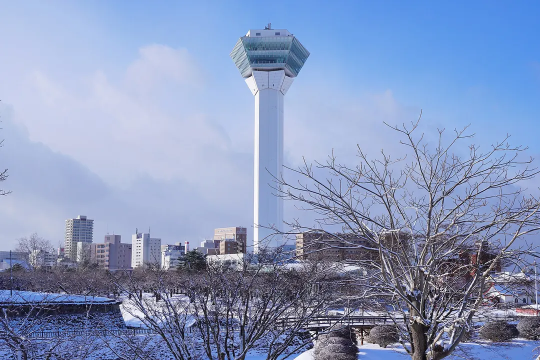 雪景色の五稜郭公園側から五稜郭タワーを写した実写写真