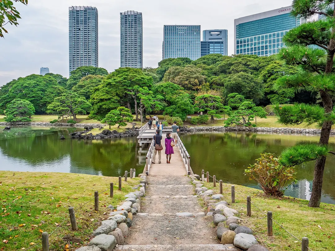 浜離宮恩賜庭園の池と橋、背景の街並み（2009年10月撮影）