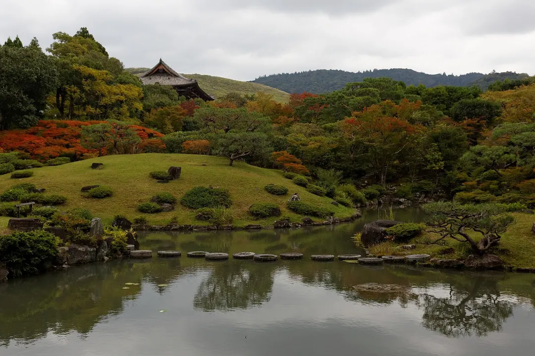 依水園の池越しに木々や建物の重なりを見る実写写真