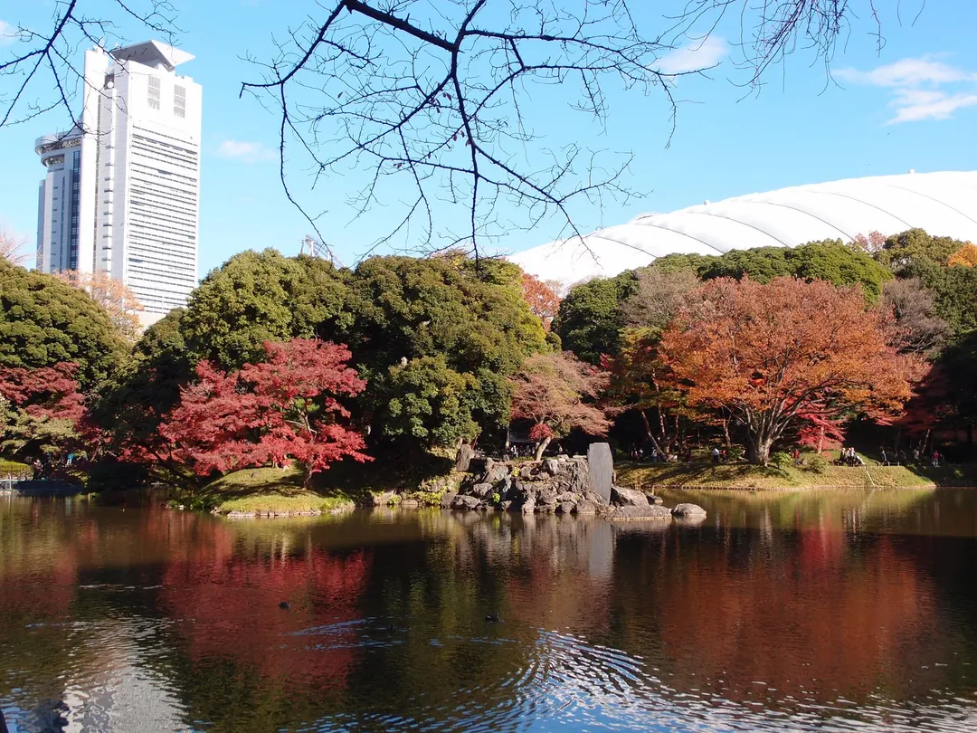小石川後楽園の大泉水と秋の木々、背景の東京ドーム
