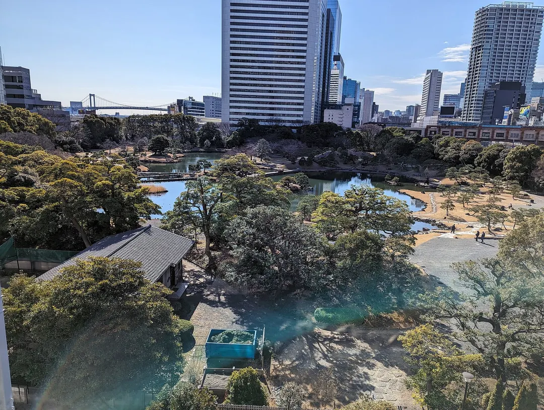 旧芝離宮恩賜庭園の池と石組、周囲の街並み(2024年2月撮影)