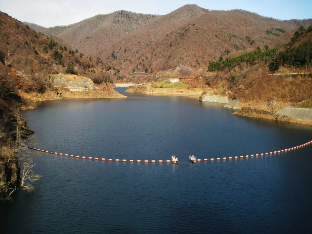 奥四万湖の青い湖面と山並み、湖畔の緑を見渡した実写写真