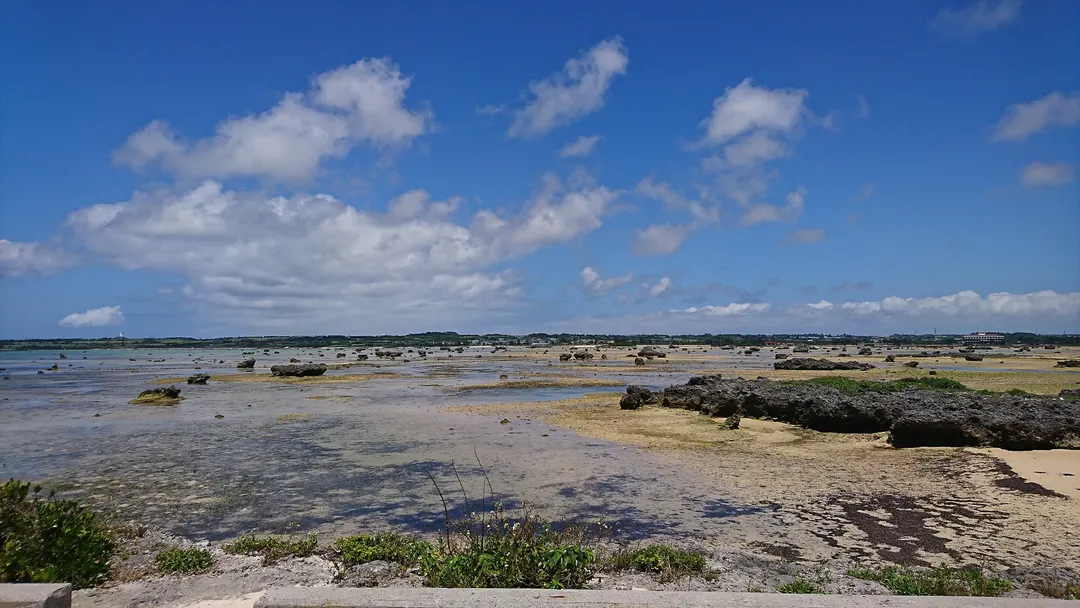 佐和田の浜の遠浅の海と干潮時に現れる砂地、点在する巨岩を写した実写写真
