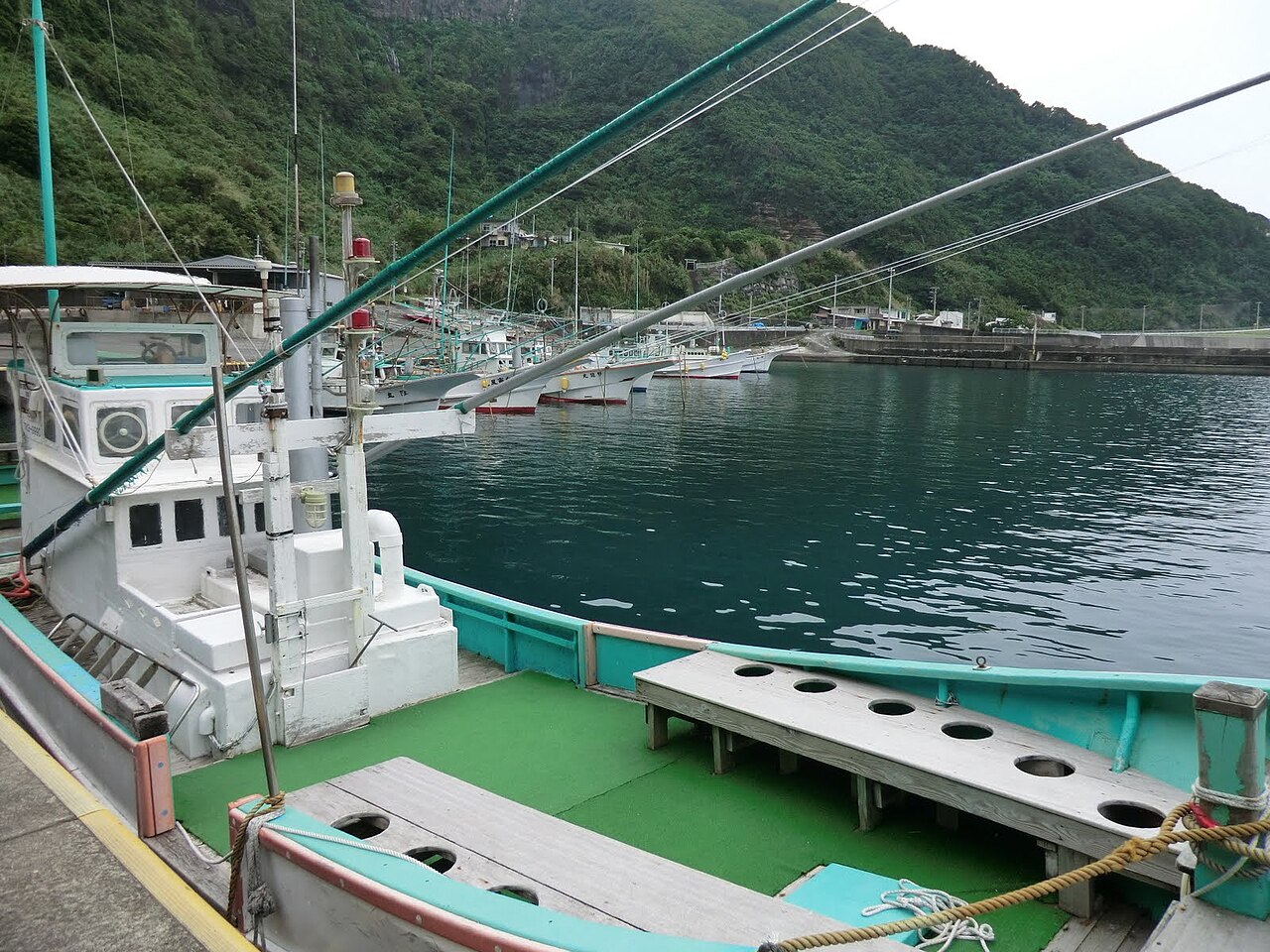 みはらしの湯がある八丈島末吉地区の海岸と集落を確認できる実写写真
