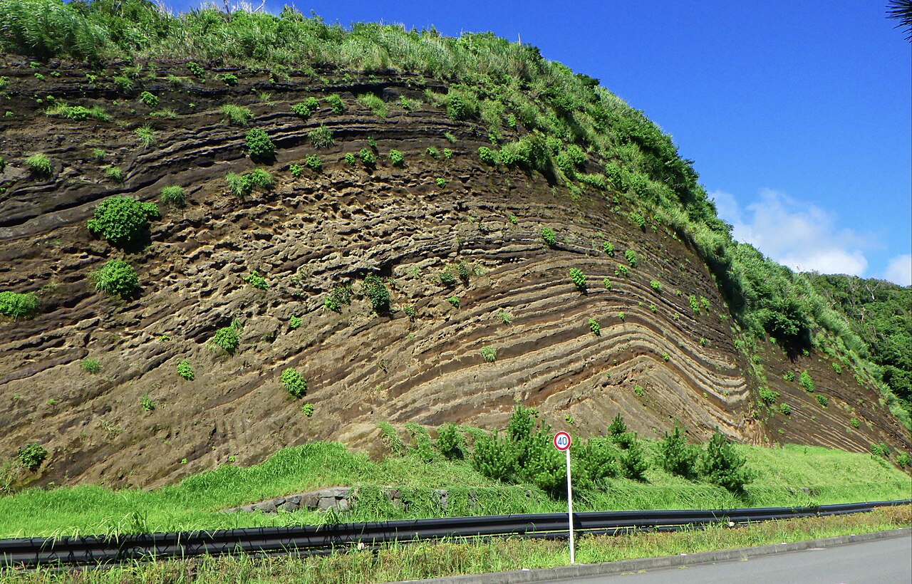 道路沿いに露出する地層大切断面の規模を確認できる実写写真
