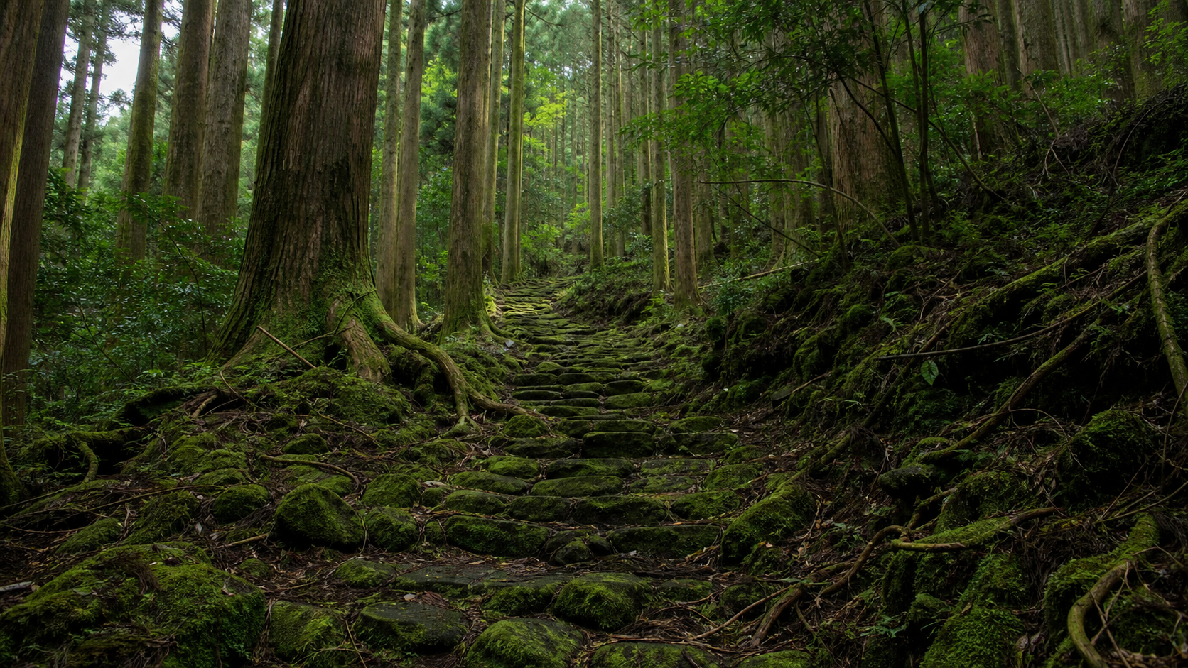伊豆大島 波治加麻神社の杉と苔に囲まれた参道を表現した生成AIイメージ画像
