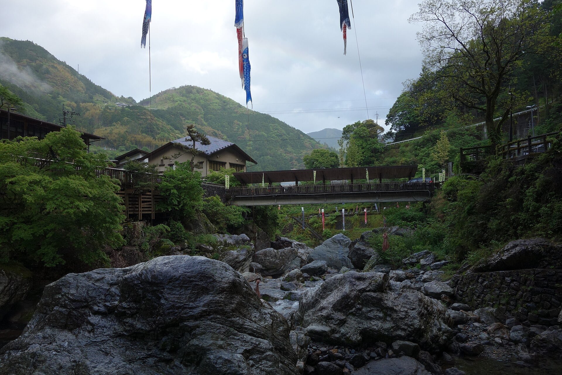 中津渓谷の遊歩道、橋、周囲の山地を写した実写写真