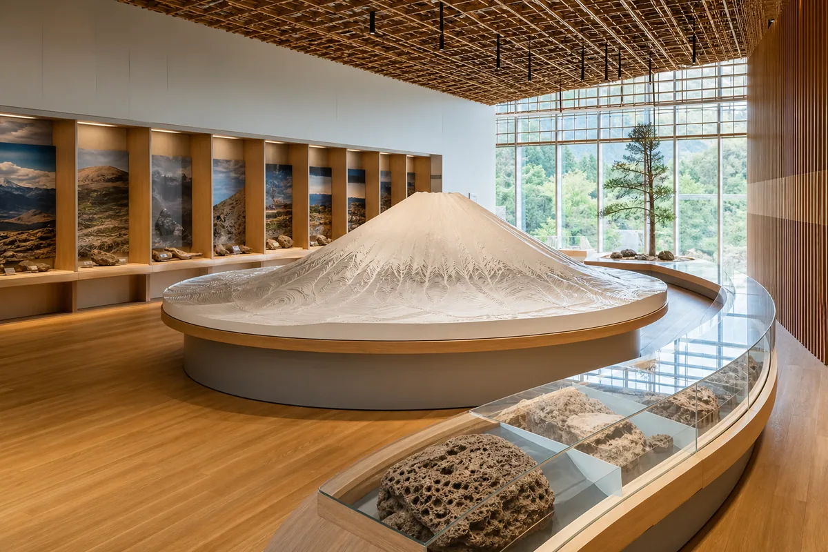 山梨県立富士山世界遺産センターの旅程検討を補う生成AIイメージ画像 1。実際の景観・施設外観ではありません。